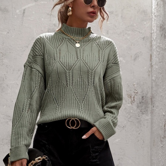 mock neck textured kni cuff sleeve sweater blue - Picture 2 of 7